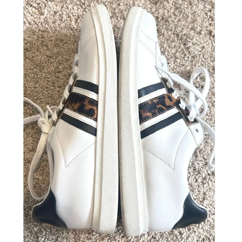 Tory Burch Howell Court White Leopard Calf Hair Sneakers Gold Logo SZ 9.5